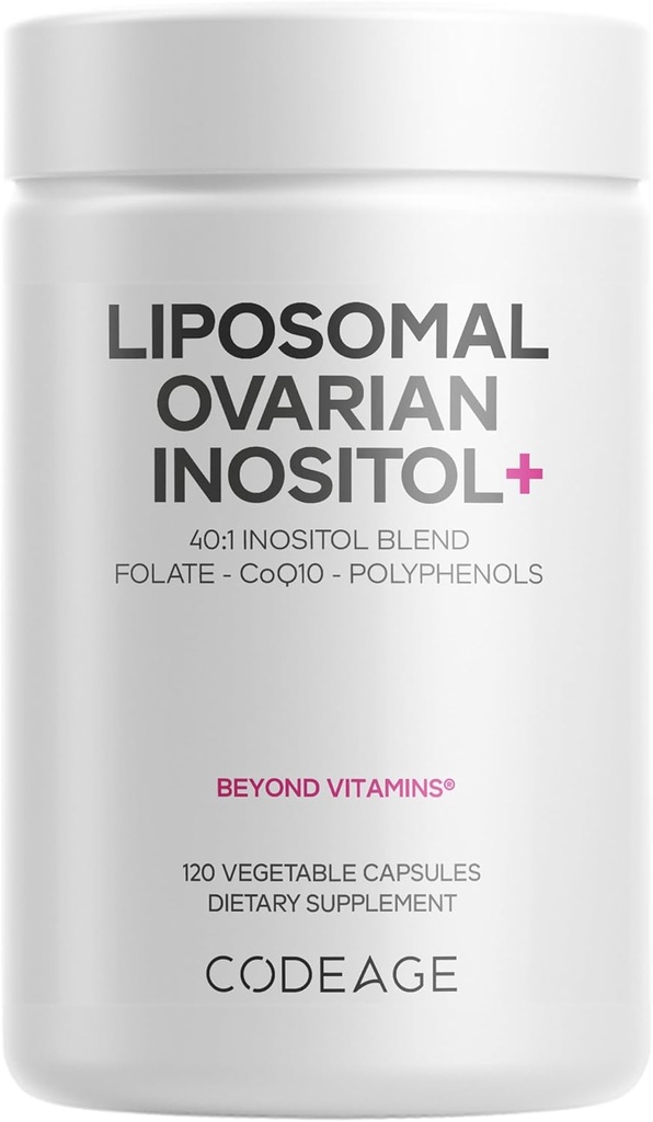 Kodage Liposomal Ovarian Inositol+ Supplement - Myo-Inositol & D-Chiro-Inositol 40:1, Folate 5-MTHF, CoQ10, Pomegranate & Wild Blueberry, Liposomal Delivery, Non-GMO, Gluten-Free - 120 Capsules