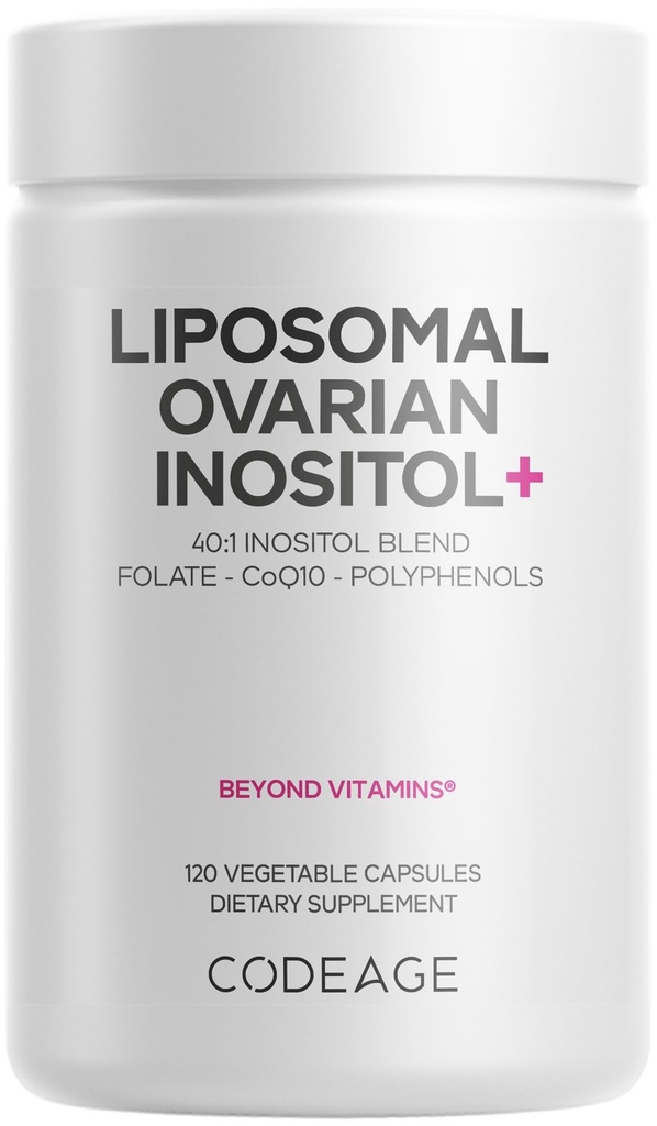 Kodage Liposomal Ovarian Inositol+ Supplement - Myo-Inositol & D-Chiro-Inositol 40:1, Folate 5-MTHF, CoQ10, Pomegranate & Wild Blueberry, Liposomal Delivery, Non-GMO, Gluten-Free - 120 Capsules