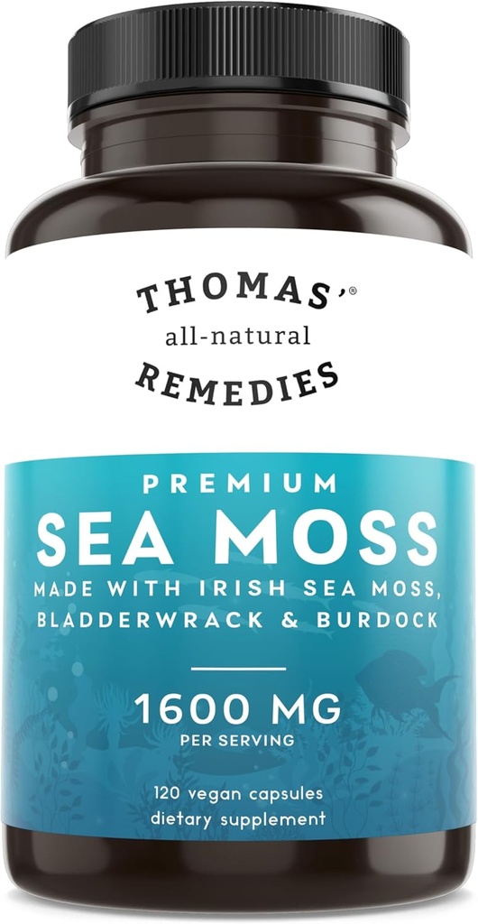 Thomas'ın tüm doğal remedies Irish Sea Moss Capsules, Sea Moss with Bladderwrack & Burdock Root Organic for Gut Health, Digestion, Energy & Immune Support, 120 Seamoss Pills
