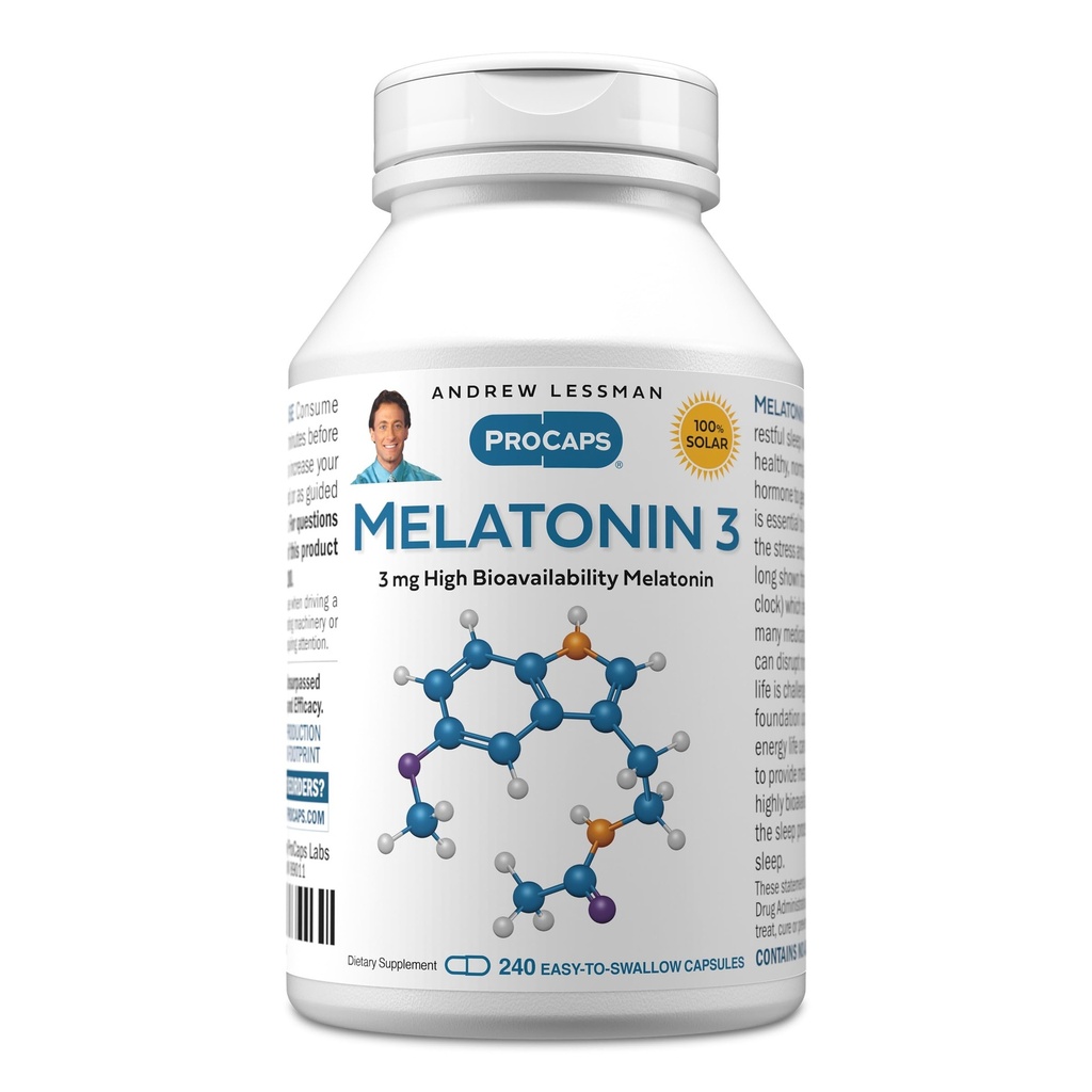 ANDREW LESSMAN Melatonin-3 mg - 240 Capsules - Fizyolojik olarak Dengeli Seviyeler Doğal Olarak Yeniden Düşünmek için. Günlük Circadian Rhythm'i yeniden davet edin. Faciliteates Sleep. No Morning Hangover
