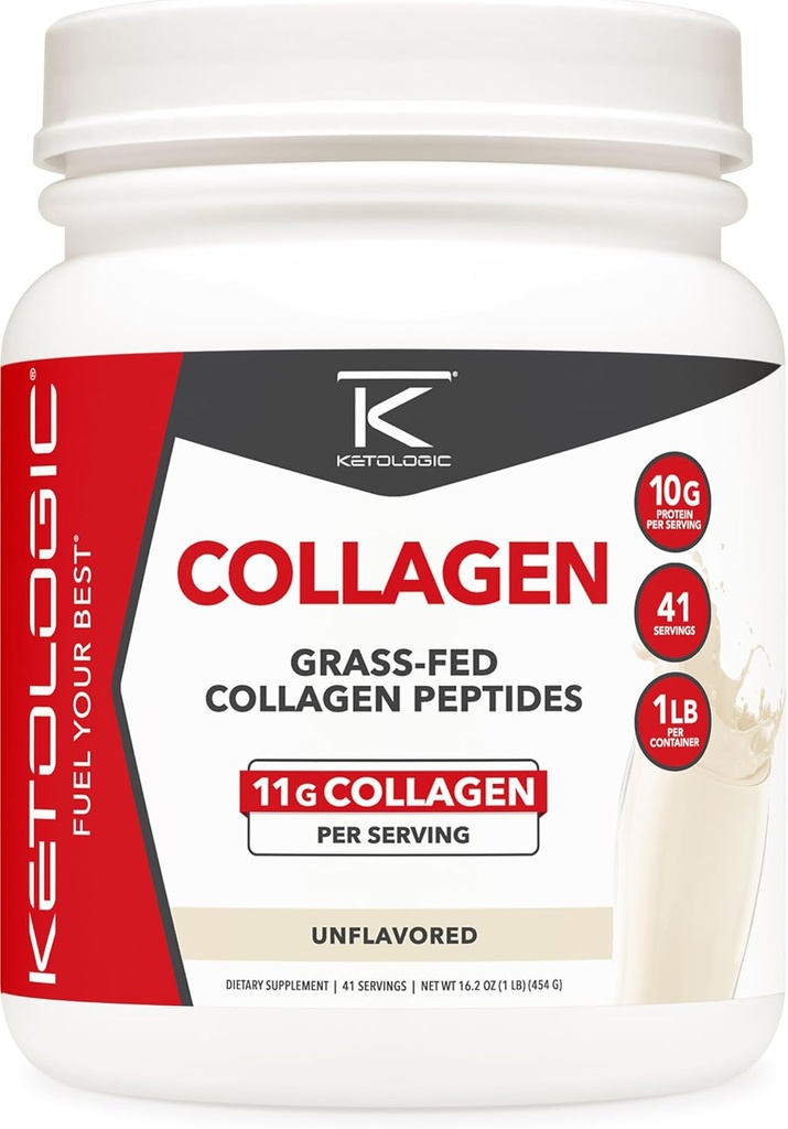 Ketologic Grass Fed Collagen Hydrolysate Powder (Unflaved) (1 LB) - 41 εξυπηρετήσεις, 11 G Collagen Per Serving, 10 G πρωτεΐνη ανά υπηρεσία - Grass-fed Κολλαγόνο Πεπτίδια