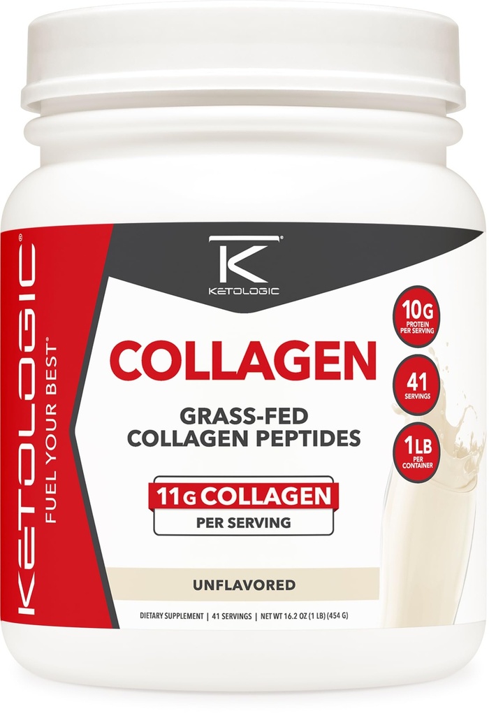 Ketologic Grass Fed Collagen Hydrolysate Toz (Unflavored) (1 LB) - 41 Servisler, 11 G Collagen Per, 10 G Protein