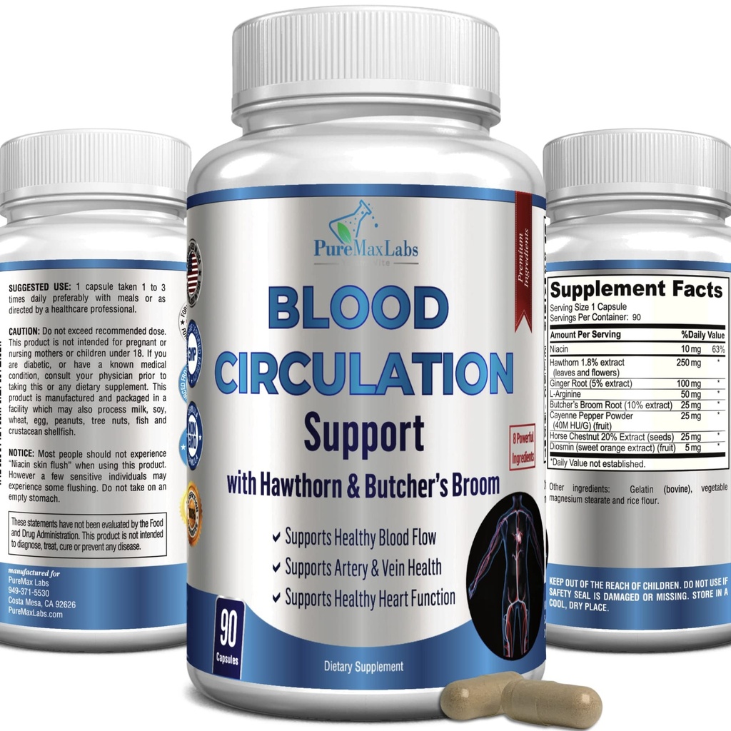 Kan Circulation Supplement - Hawthorn, Butchers Broom, Horse Chestnut, Arginine, Diosmin, Varicose Veins Treatment, Circulation Support - 90 Capsules