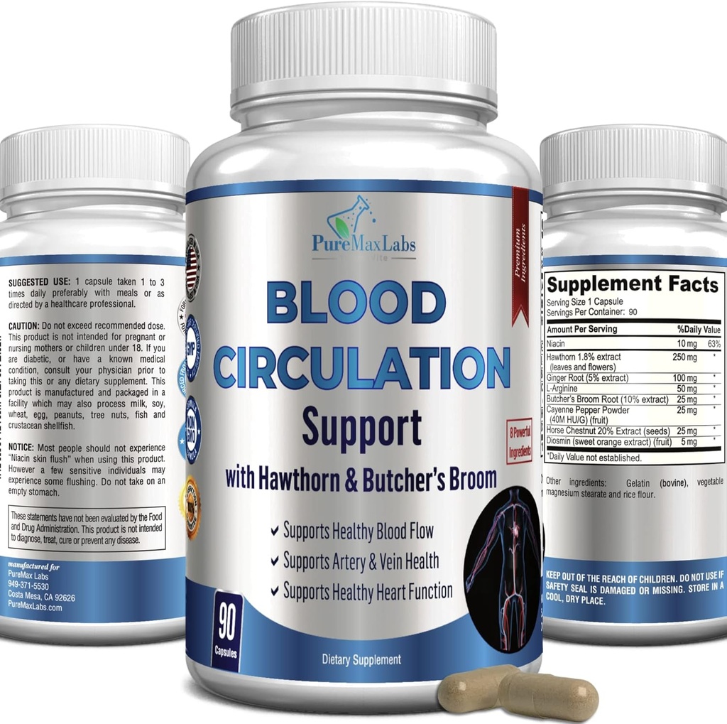 Kan Circulation Supplement - Hawthorn, Butchers Broom, Horse Chestnut, Arginine, Diosmin, Varicose Veins Treatment, Circulation Support - 90 Capsules