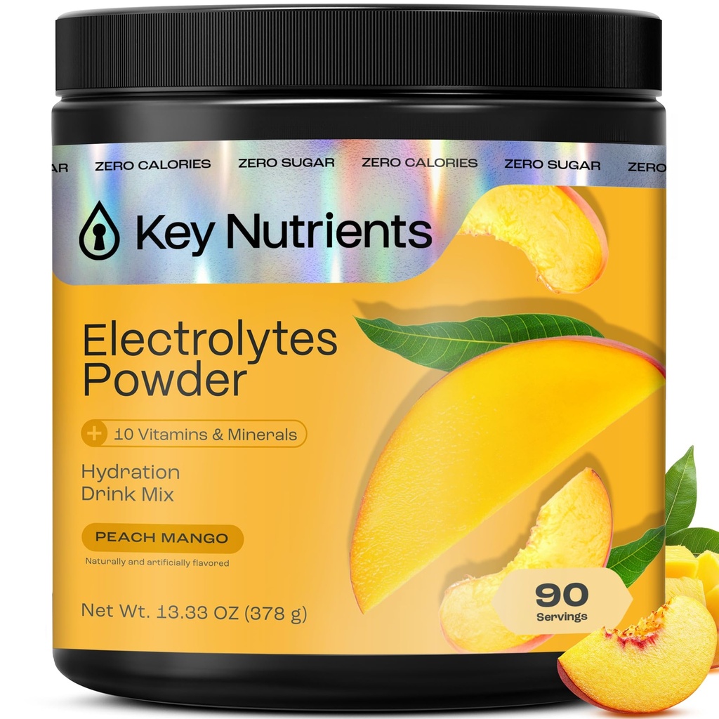 KEY NUTRIENTS Multivitamin Electrolytes Toz No Sugar - Tropikal Peach Mango Elektrolyte Toz - Endurance & Energy Supplement - Hydration Toz - No Calories - 90 Servisler - ABD'de Gerçekleştirilmiş