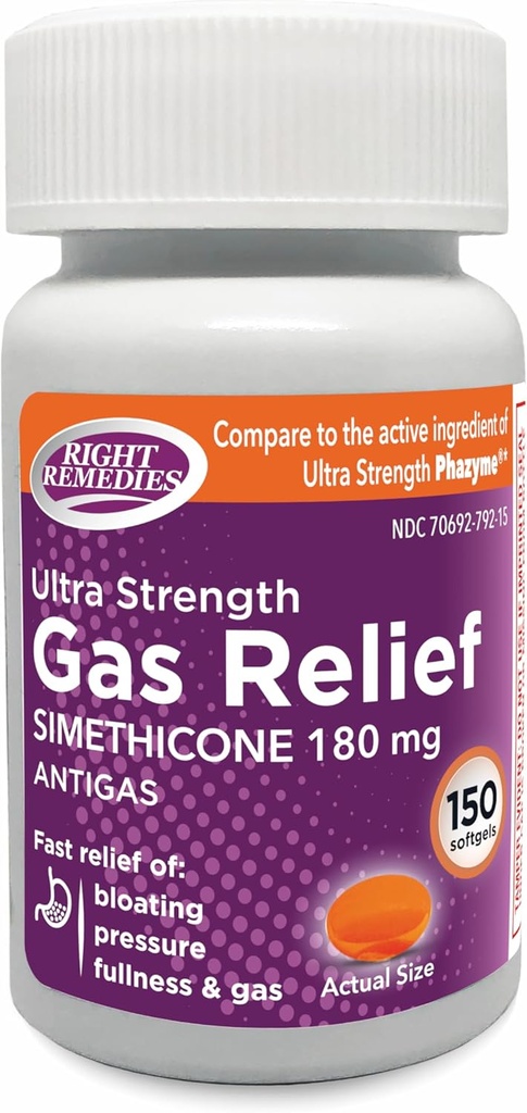 Gas Relief Ultra Strength, 180mg Simethicone (150 Softgels) Gaz, Bloating, Fullness, Painful Discomfort, Ultra Strength Phazyme Active Malzemelerle Karşılaştırıldığında