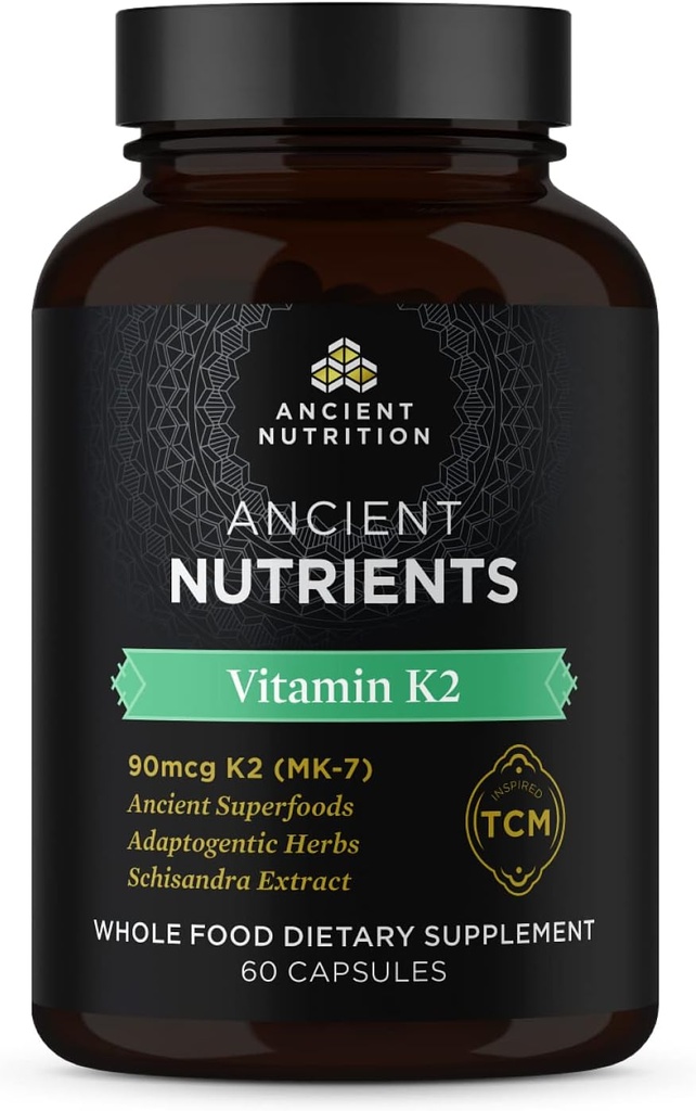 Ancient Nutrition Vitamin K2 Supplement, K2-90mcg K2, Adaptogenic Herbs, Enzyme Ενεργοποιημένο, Υποστηρίζει Καρδιαγγειακή λειτουργία, Παλαιό & Κετό Φιλικό, 60 κάψουλες