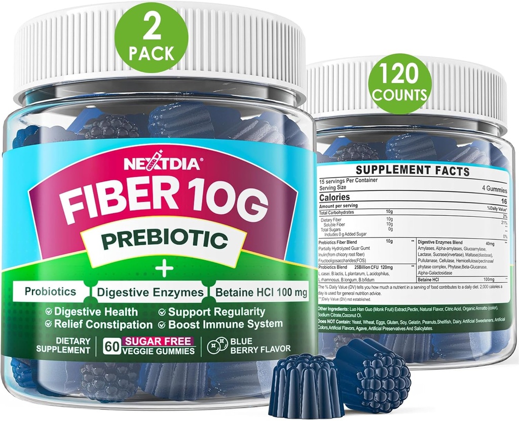 Φάιμπερ Gummies για ενήλικες, ζάχαρη δωρεάν 10g Prebiotic Fiber συμπλήρωμα με Digestive Ένζυμα, Προβιοτικά & 100mg Betaine για Digestive & Gut Health and Regulate Bowel Movement, Vegan, Gelatin Free,120ct