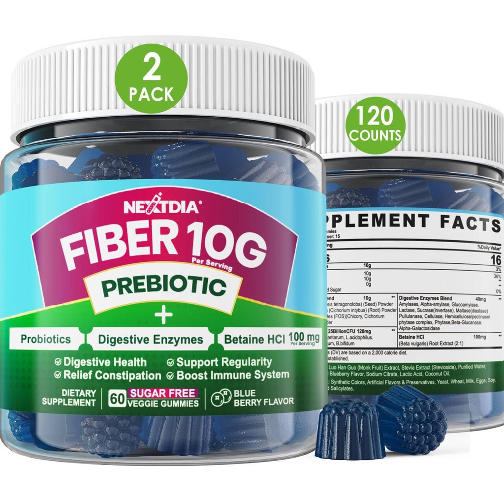 Yetişkinler için Fiber Gummies, Sugar Free 10g Prebiyotik Fiber Supplement with Digestive Enzymes, Probiyotiks & 100 mg Betaine for Digestive & Gut Health and Regulate Bowel Movement, Vegan, Gelatin Free,120ct