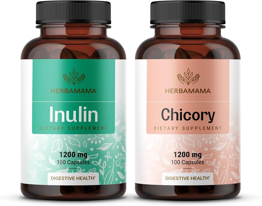 HERBAMAMA Inulin and Chicory Kit - Bundle 1200 mg Inulin Fiber & 1200 mg Chicory Root Caps - Vegan, Non-GMO, Gelatinl- Free - 2 Pack