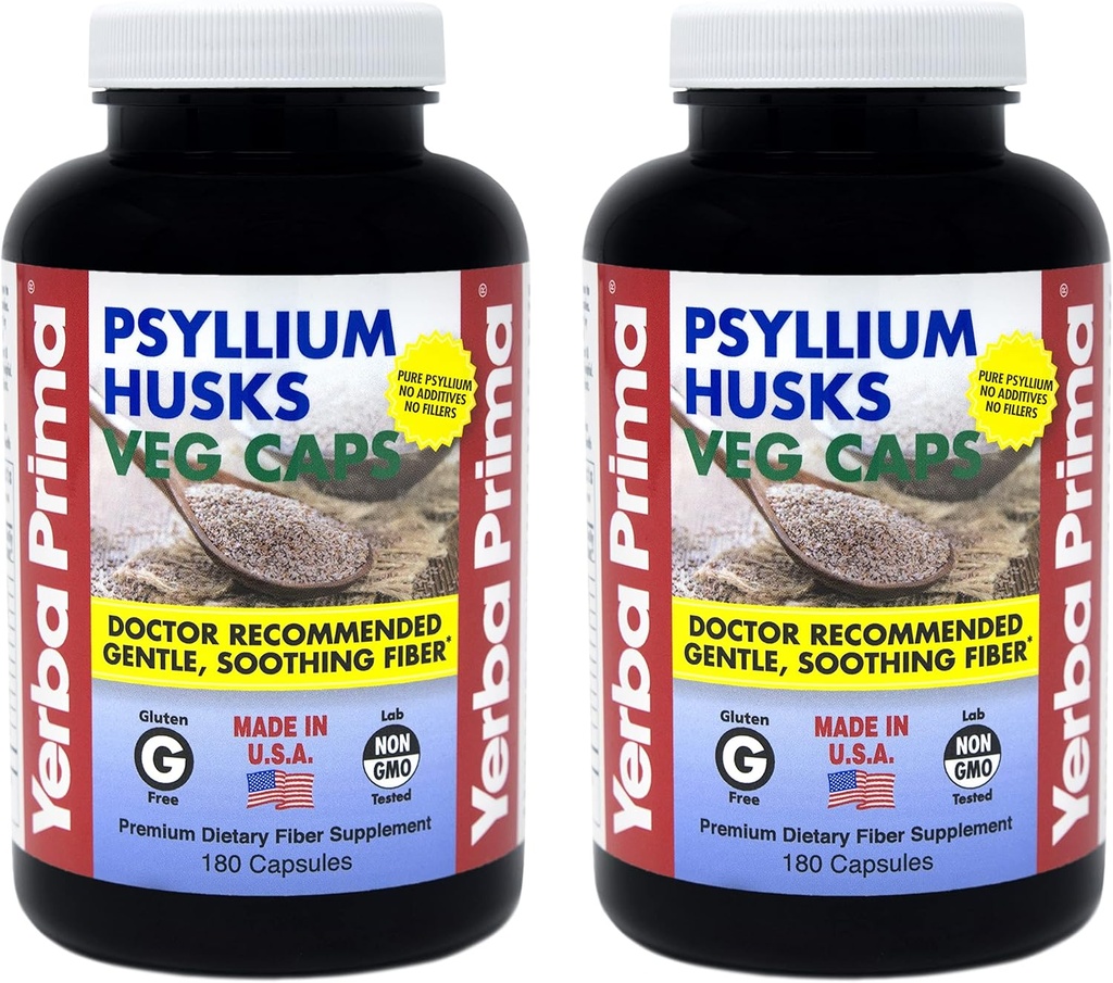 Yerba Prima Psyllium Husks Veg Caps - 180 Count (2 Pack) (625 mg) - Vegan, Non-GMO, Gluten Free, Colon Cleanser, Daily Fiber Supplement for Gut Health & Regularity