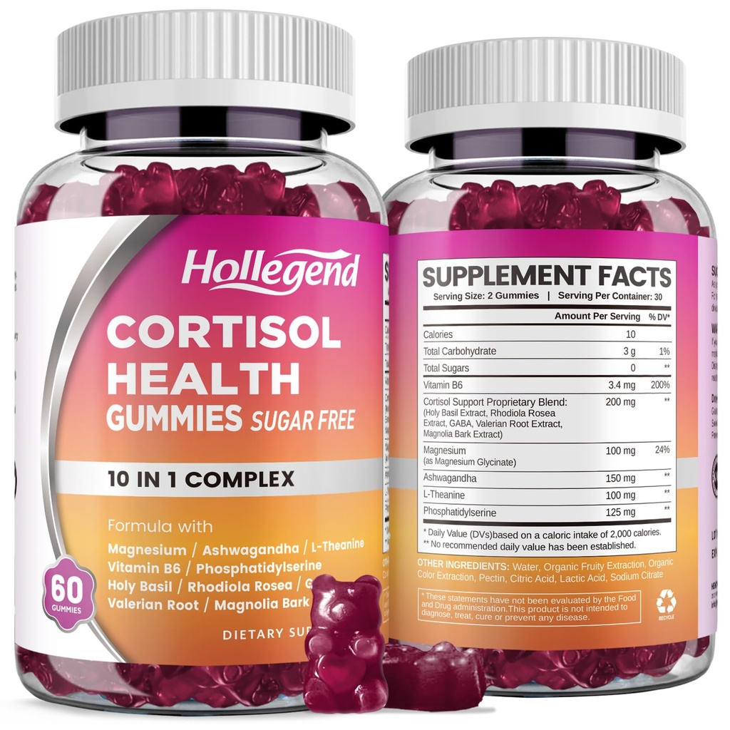 Cortisol Συμπληρώματα για γυναίκες άνδρες, Cortisol Gummies με Ashwagandha, Μαγνήσιο, L-Θεανίνη, Phosphatidylserine, B6 για Cortisol Detox, Relaxation, Sleep, Focus, Sugar-Free, Vegan, 120