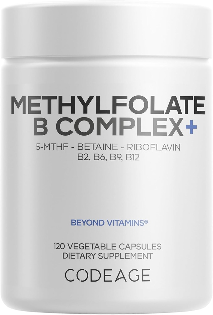 Codeage Methylfolate B Complex Supplements - 5 MTHF, Methylcobalamin 1000mcg Μεθυλοποιημένη Βιταμίνη Β12, Ριβοφλαβίνη, Βεταίνη, Βιταμίνες Β6, Κύκλος μεθυλίωσης MTHFR - 2 Μήνες - 120 Κάψουλες