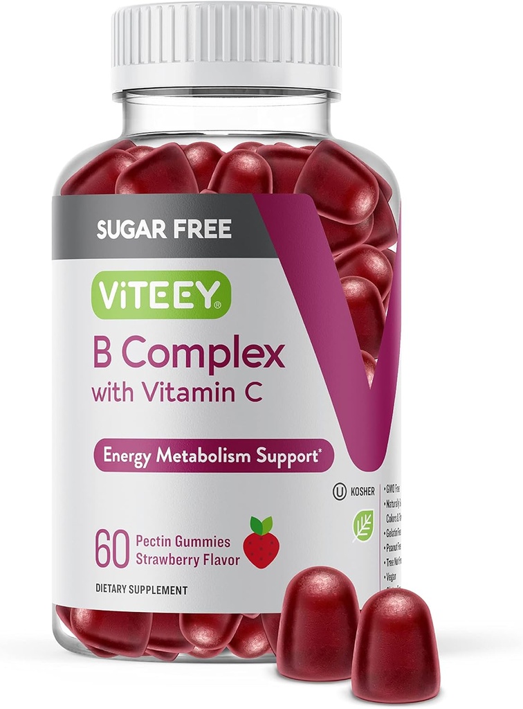VITEEY Βιταμίνη Β Σύμπλεγμα Gummies με Βιταμίνη C, Χωρίς ζάχαρη - Ενέργεια, Μεταβολισμός & Νεύρο Υγεία - B6, B12, Φολικό οξύ, Βιοτίνη - Vegan, Ζελατίνη Δωρεάν, GMO Δωρεάν - Νόστιμο Μασητό Φράουλα Γεύση Gummy