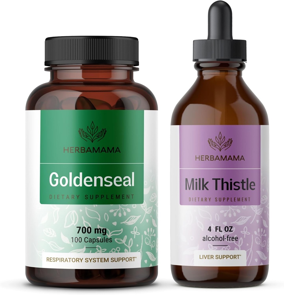 HERBAMAMA Goldenseal and Milk Thittle Kit - Bundle των 700 mg Goldenseal Root Capses and Milk Thittle Ticture 2 fl oz - Vegan, Μη ΓΤΟ, Ζάχαρη & Χωρίς Αλκοόλ - 2 Pack