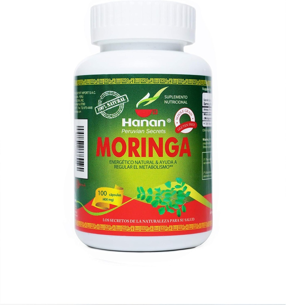Hanan Moringa Superfood Powder Capsules 100 ct. Pure Moringa oleifera Lam from Peru