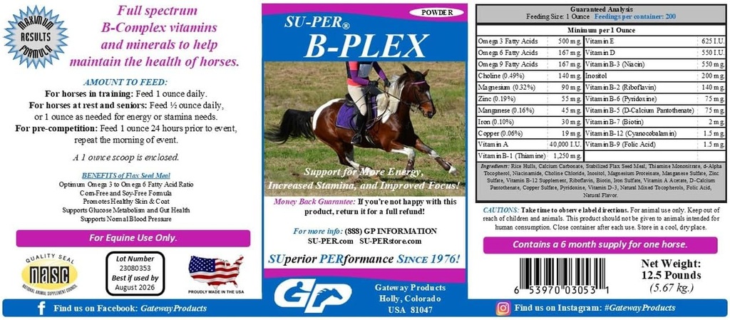 SU-PER B-Plex Powder Equine Vitamins - Πλήρης B-Complex Horse Vitamins and Minerals Supplement - Υγιή Hooves, Red Blood Cells, Horse Calming Powder - 12,5 Λίρες, 6 Μήνες Προσφορά (180 Ημέρες)