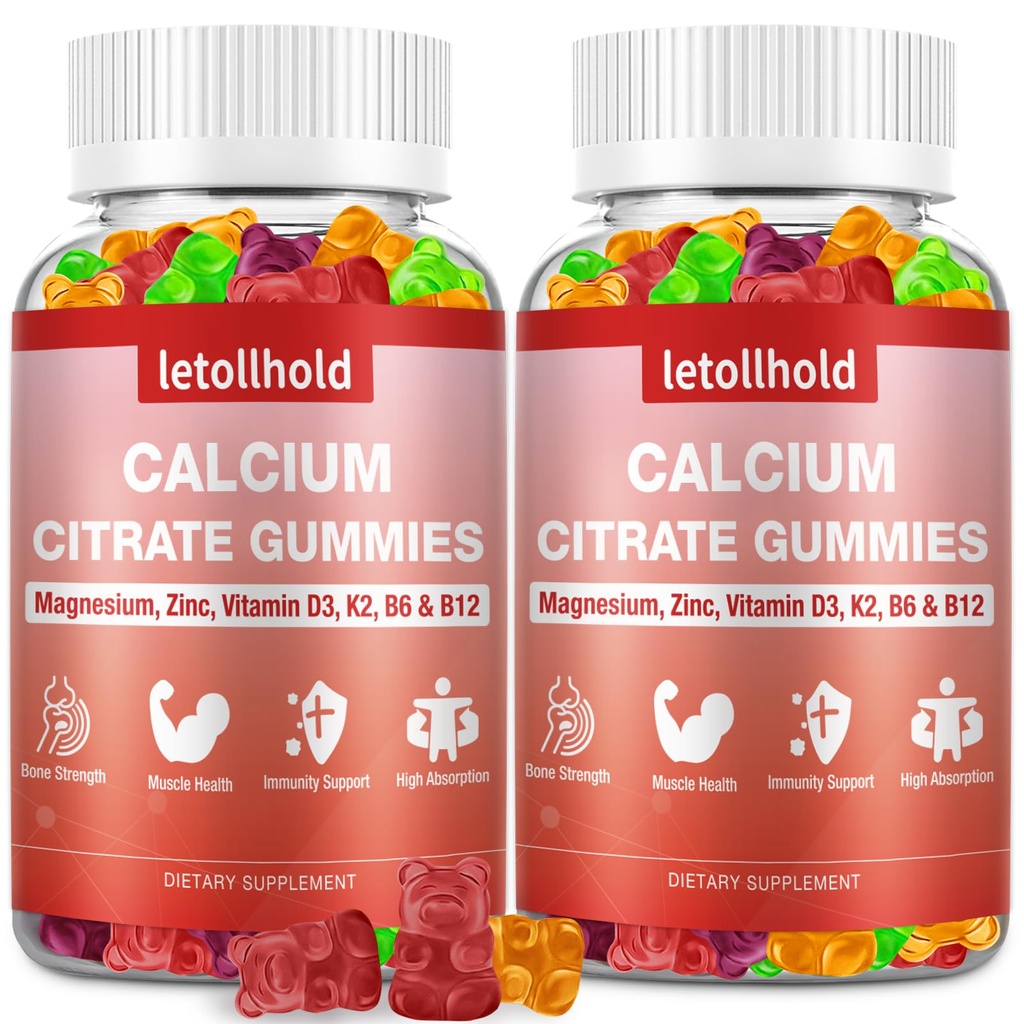 Κιτρικό ασβέστιο Gummies - 1200mg Gummies Ασβέστιο με Μαγνήσιο ψευδάργυρο Βιταμίνη D3,K2, B6, B12 για οστά, μύες, αρθρώσεις, ανοσοποιητική υποστήριξη, υψηλή απορρόφηση Συμπληρώματα ασβεστίου για γυναίκες & άνδρες 2 συσκευασίες