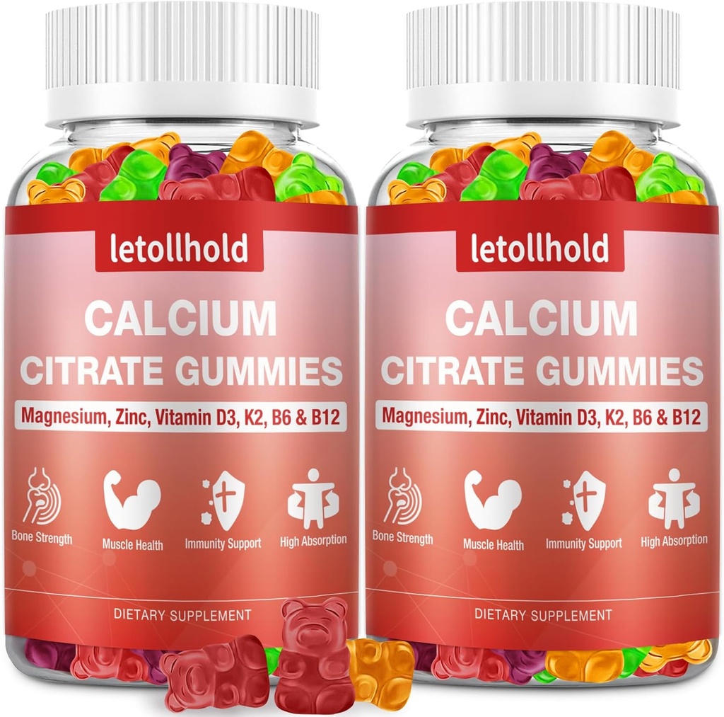 Kalsiyum Citrate Gummies - çinko Vitamin D3,K2, B6, B12 Kemik, Kas, Ortaklar, Immune Support, High Abhidrolik Supplements for Women & Men 2 Packs