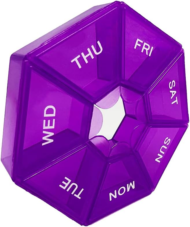 Purple Pill Case - 7 Day Weekly Pill Organizer with 1 Time a Day Compartments - Travel Pill Holder