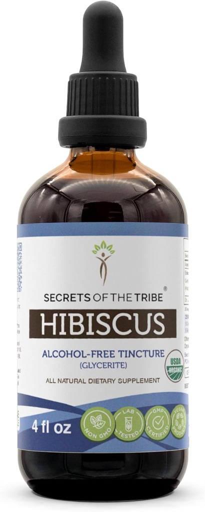 Μυστικά της Φυλής Hibiscus Βάμμα Υγρού Εκχυλίσματος Χωρίς Αλκοόλ, USDA Organic Hibiscus Sabdariffa Αποξηραμένο Λουλούδι (4 FL OZ)