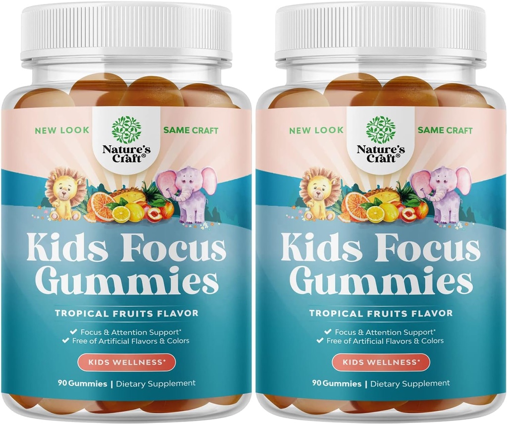 Çocuklar Odaklı Gummies - Nootropics Brain Support Supplement for Kids with Green Tea Extract, B6 & B12 Vitamins for Memory and Brain Focus - Herbal Concentration Chews for Children - 90 Count - 2 Pack