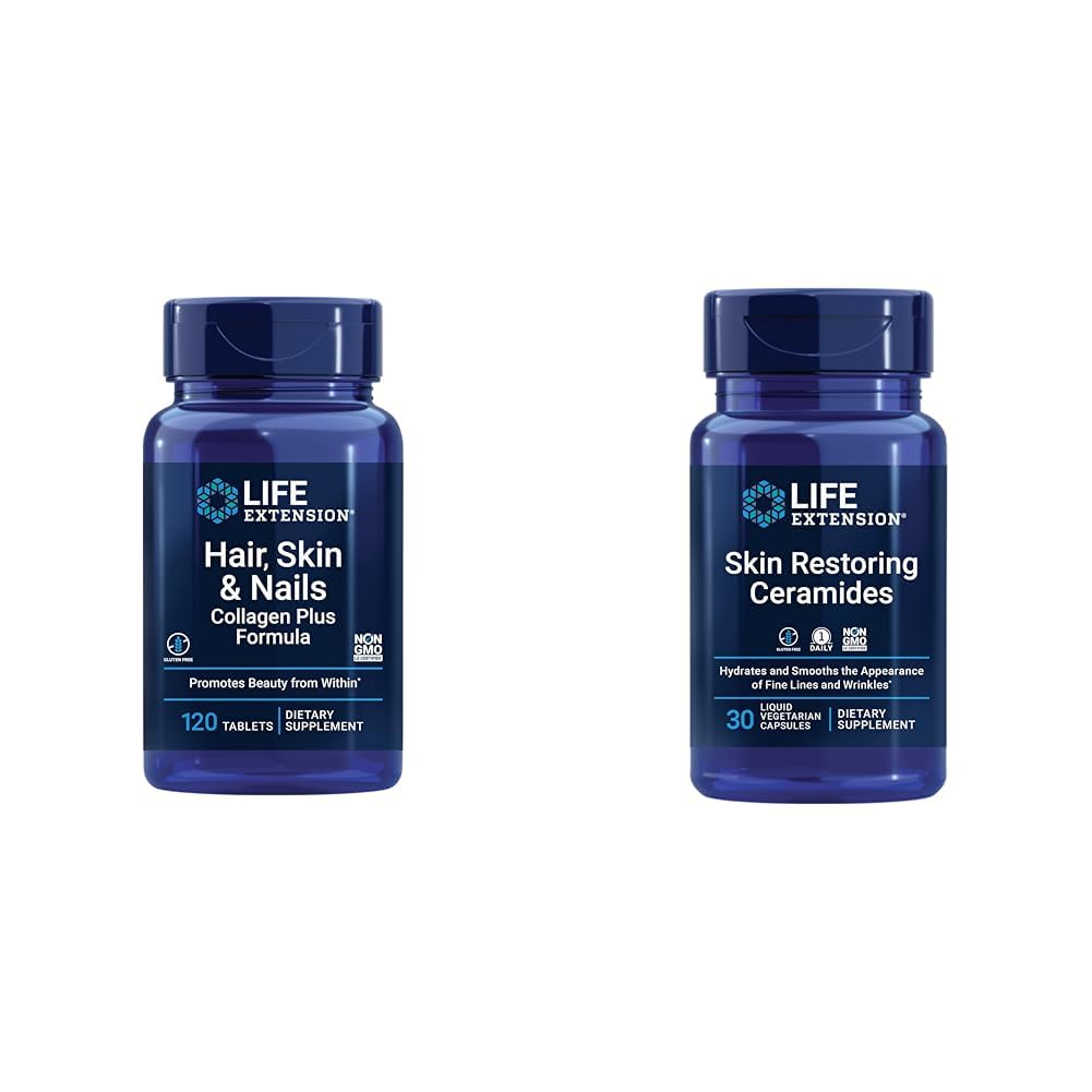Life Extension Hair, Skin & Nails Collagen Plus Formula 120 Kont & Skin Restoring Ceramids 30 Liquid Vegetarian Capsules