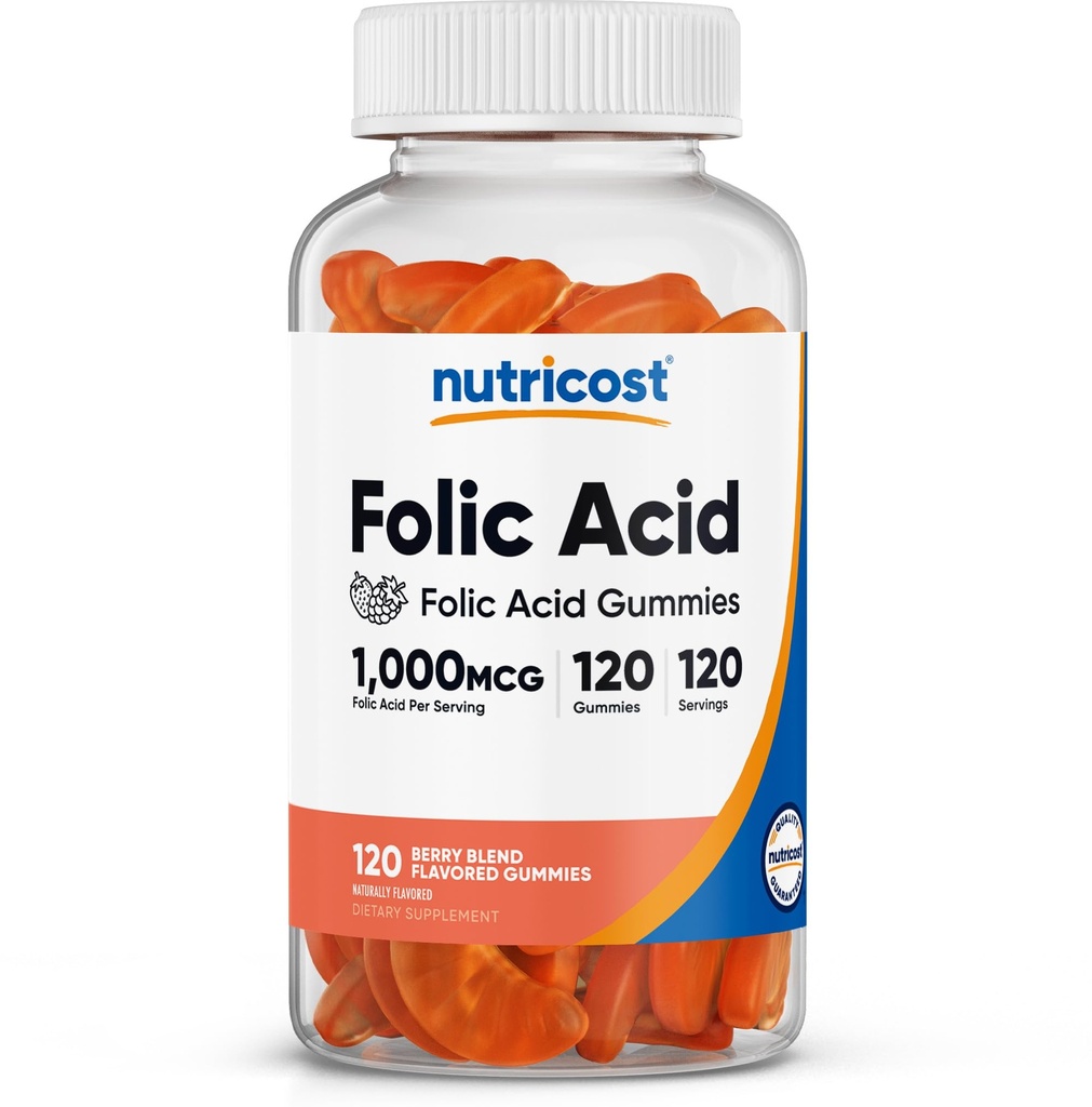 Nutricost Folic Acid (Vitamin B9) Vejetaryen Gummies (120 Gummies, 1 mg Folic Acid Per Service) - Erkekler ve Kadınlar için Tamam