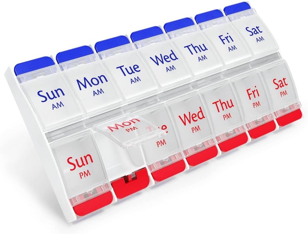EZY DOSE Push Düğmesi (7-Day) Pill Case, Tıp Planlayıcı, Daily Vitamin Organizer, 2 Times a Day AM/PM, Büyük Karşılaştırmalar, Arthritis Friendly, Easy to Use, Clear Lids, Red / Blue, BPA Free