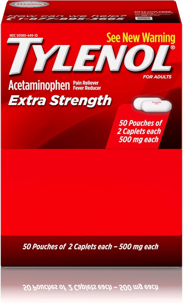 Tylenol Extra Strength Acetaminophen Caplets, 500 mg, Ανακουφιστικό για τον πόνο και τον πυρετό Reucer για τον πονοκέφαλο, τον πόνο στην πλάτη, τον πονόδοντο, εμμηνορρυχεία κράμπες & πόνο, Travel-Friendly Συσκευασία, 2-Caplet Pouches, 50 Count