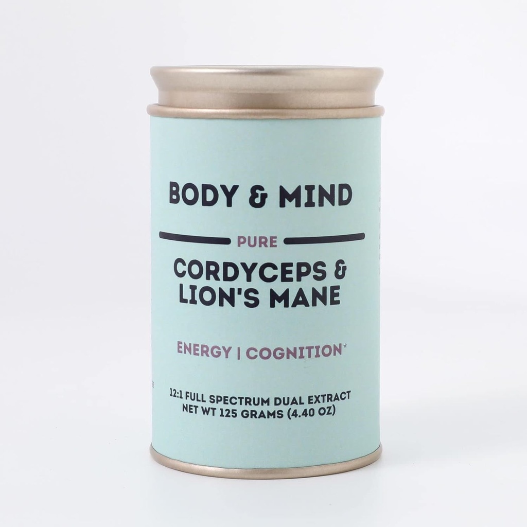 Body & Mind - Pure Organic Lion's Mane & Cordyceps Mushrooms 12:1 Dual Extract - Focus, Cognition, Energy, Endurance -% 100 Meyve Bodies - Su/Tea/Coffee/Smoothies Ekle - 125 Grams