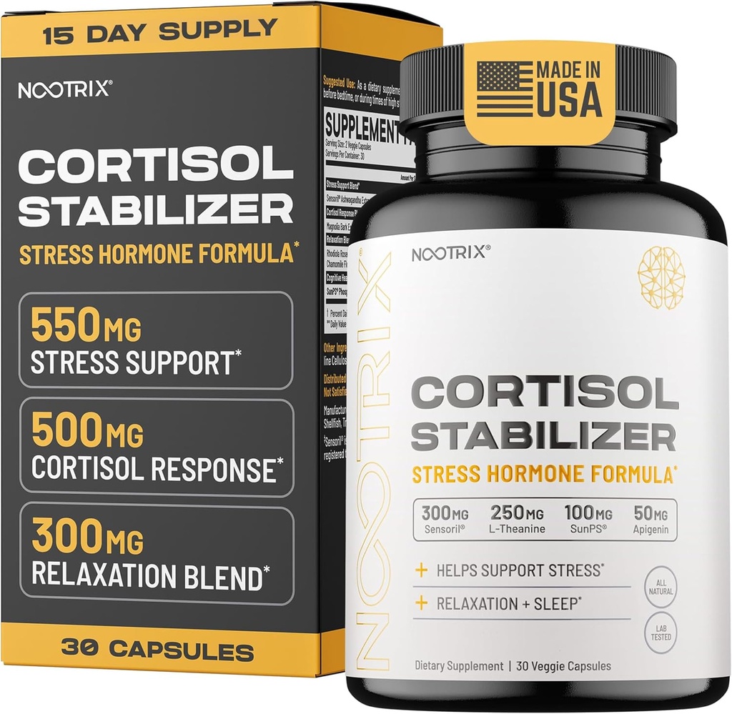 Nootrix Cortisol Manager & Stabilizer Supplement | Supports Deep Sleep, Relaxation, Adrenal Health & Stress | 300 mg Ashwagandha | L-Theanine, Rhodiola Rosea Ekstraksiyon & Apigenin | 30 Capsules