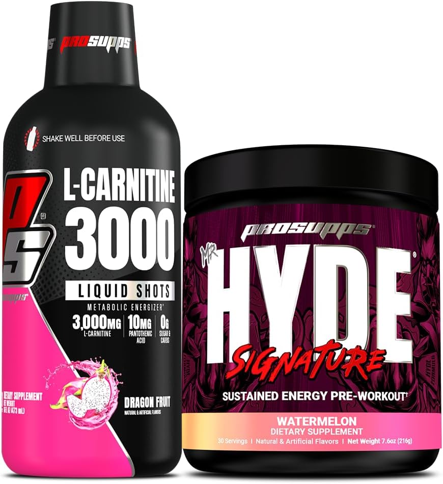 PROSUPPS L-Carnitine 3000 Stimulant Ücretsiz Sıvı Shots (31 Hizmet, Ejderha Meyvesi) ve Bay Hyde Signature Series Pre-Workout Energy Tozed Drink (30 Hizmet, Sumelon) (1994)