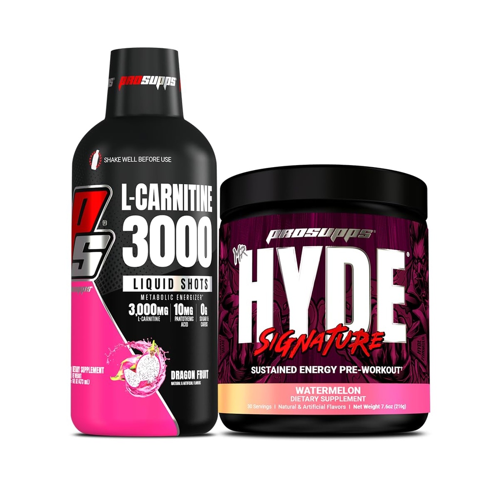 PROSUPPS L-Carnitine 3000 Stimulant Ücretsiz Sıvı Shots (31 Hizmet, Ejderha Meyvesi) ve Bay Hyde Signature Series Pre-Workout Energy Tozed Drink (30 Hizmet, Sumelon) (1994)