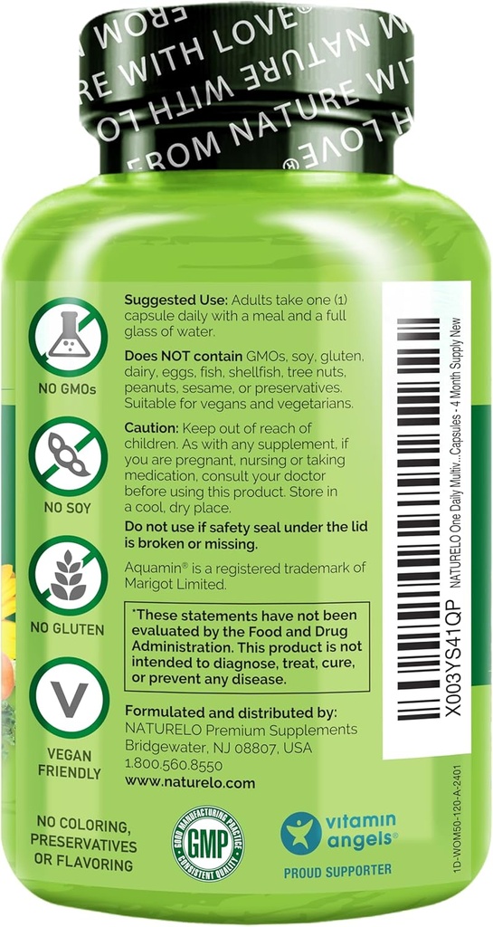 NATURELO Μία καθημερινή πολυβιταμίνη για γυναίκες 50+ (Δωρεάν Iron) - Υποστήριξη για την εμμηνόπαυση για γυναίκες άνω των 50 - ολόκληρο συμπλήρωμα διατροφής - μη-ΓΤΟ - Όχι σόγια - 120 κάψουλες - 4 μήνες προσφοράς