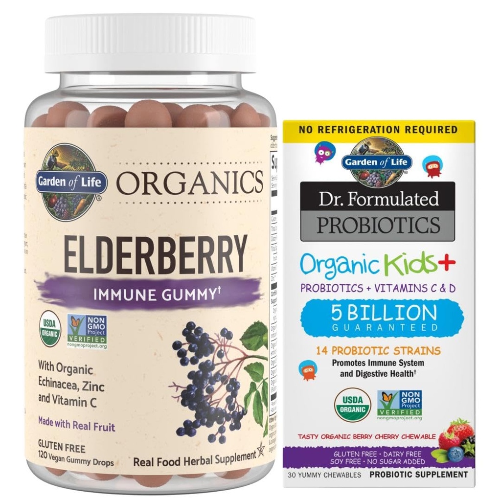 Life Organics Elderberry Gummies for Yetişkinler & Çocuklar - Immune Support Supplement & Dr. Formulated Probiyotiks Organic Kids+ Plus Vitamin C & D - Berry Cherry