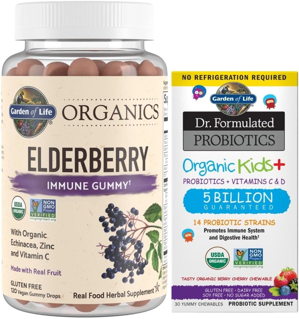 Life Organics Elderberry Gummies for Yetişkinler & Çocuklar - Immune Support Supplement & Dr. Formulated Probiyotiks Organic Kids+ Plus Vitamin C & D - Berry Cherry
