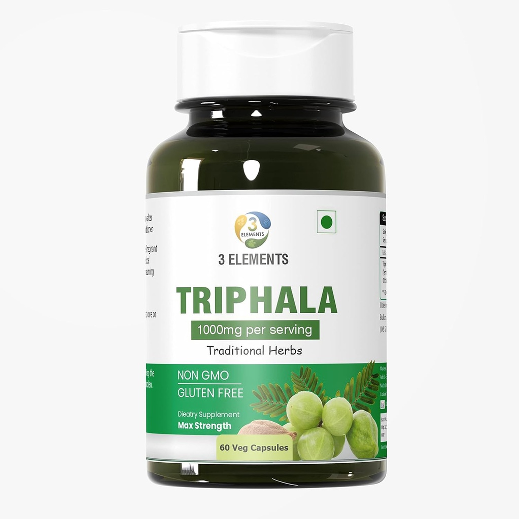 3elements Triphala 1000 mg I 60 Capsules for Daily Detoxing, Cleansing, & Rejuvenating, Digestion & Colon Support, Immune System Support, Adaptogen, Nutrient Dense, Vegan, Gluten-Free