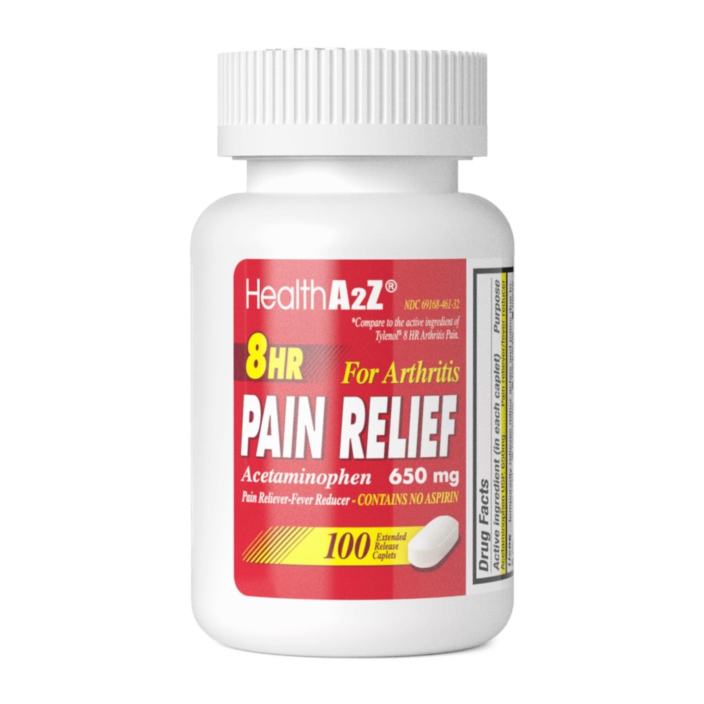 HealthA2Z® Pain Relief Extended release | Acetaminophen 650 mg | 8 Saat | Arthiritis Pain | Pain Reliever - Ateş Tanımı | Contains no aspirin (100 Count)