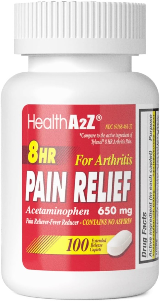 HealthA2Z® Pain Relief Extended release | Acetaminophen 650 mg | 8 Saat | Arthiritis Pain | Pain Reliever - Ateş Tanımı | Contains no aspirin (100 Count)