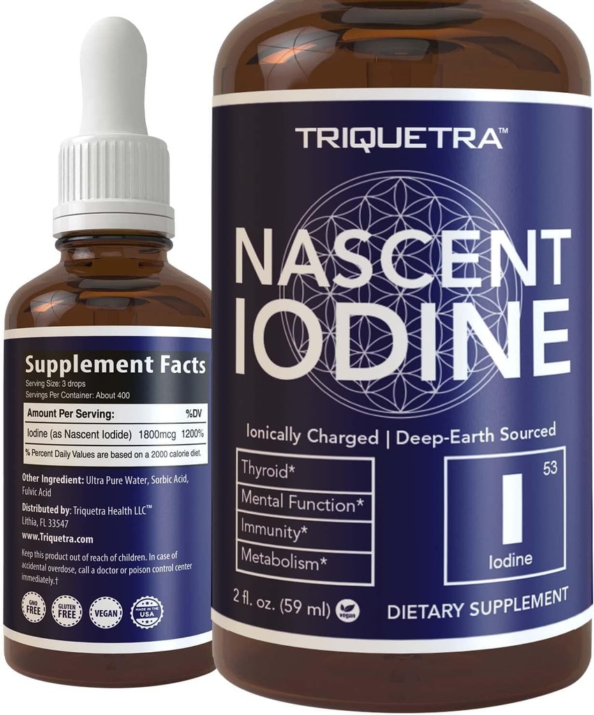 Nascent Iodine Supplement 400 Μερίδες, Γυάλινο Μπουκάλι, Vegan, 1800 mcg - 600 mcg ανά Σταγόνα - Καθαρό, Καθαρό Χρώμα - Υποστηρίζει Thyroid Υγεία, Ενέργεια, Ανοσία & Μεταβολισμός (2 oz.)