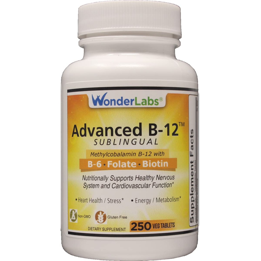 Wonder Laboratories Sublingual Vitamin B12 (1000 mcg), B6 (5 mg), Folic Acid (400 mcg) & Biotin (2511) - Hassasiyetle Test Vitamin B-12 (250 Tablet)