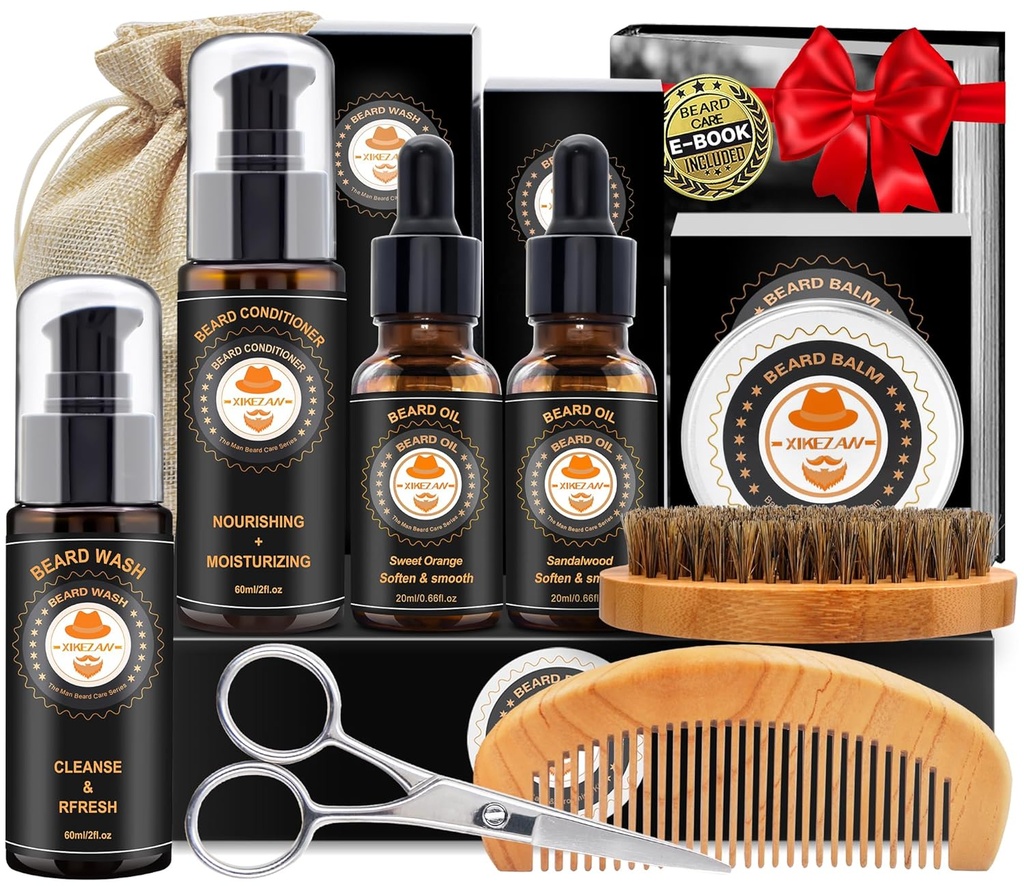 XIKEZAN Beard Kit for Men Grooming & Care w/Beard Conditioner, Wash, Oil, Balm, Brush, Comb, Birthday Patters Valentines Δώρα για τους άνδρες Him Μπαμπάς Σύζυγος Boyfriend Χριστούγεννα Δώρα Mens Stuffers Κάλτσες
