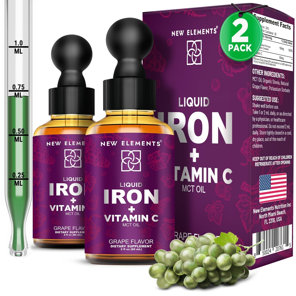 [2 Pack] Vitamin C ile Sıvı Demir Supplement - Anemi Desteği için 18 mg Demir & 50 mg Vitamin C - Kadın ve Erkekler için Kan Builderları - Hızlı Aborpsiyon, Enerji ve Immunity – Vegan, Non-GMO