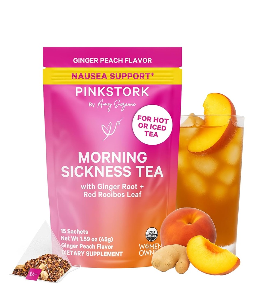Pink Stork Organik Sabah Hastalığı Hamile Çay - Sıcak veya Buzlu Çay - Prenatal Kalpburn, Indigestion ve Constipation Support - 1st Trimester Hamilelik Haves - Ginger Peach, 15 Sachets