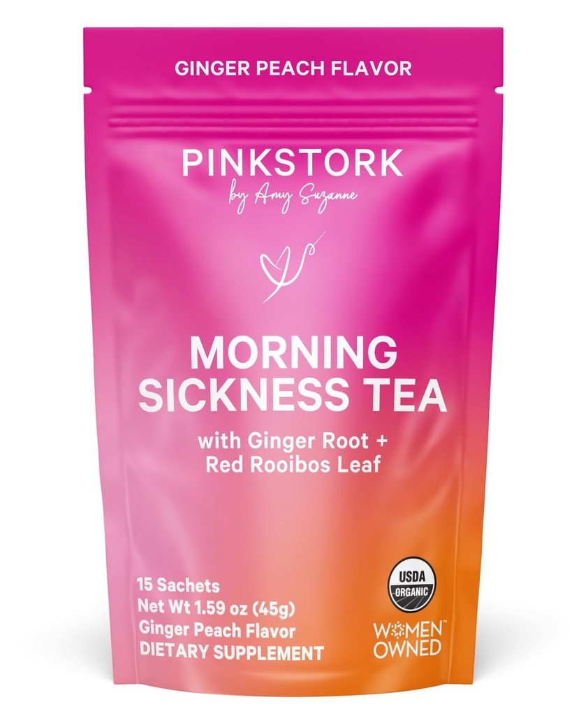 Pink Stork Organik Sabah Hastalığı Hamile Çay - Sıcak veya Buzlu Çay - Prenatal Kalpburn, Indigestion ve Constipation Support - 1st Trimester Hamilelik Haves - Ginger Peach, 15 Sachets