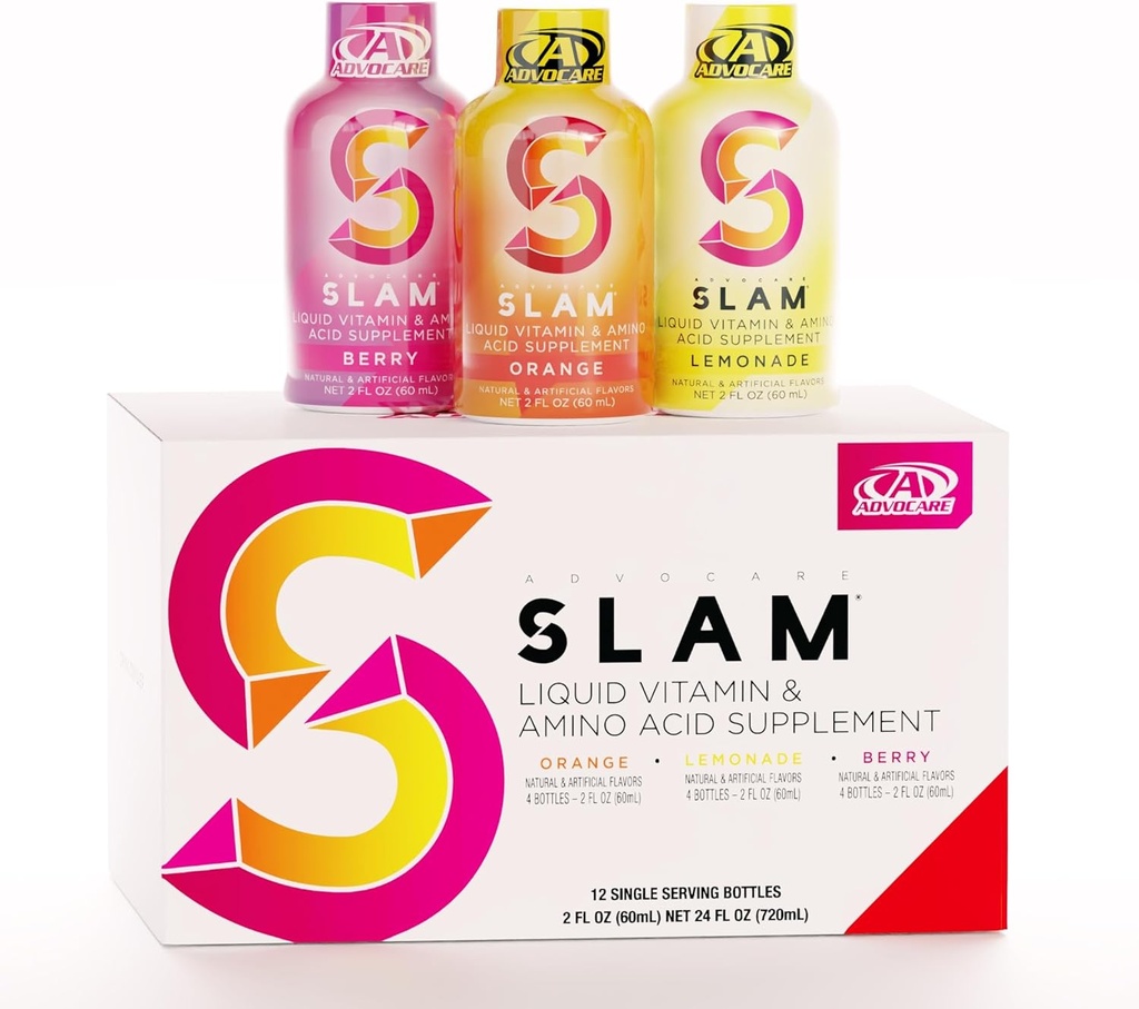 AdvoCare Slam Variety Pack - Liquid Vitamin & Amino Acid Supplement - Περιέχει βιταμίνη Β-12, Β-6, Φολικό οξύ & Περισσότερα - Πορτοκάλι, μούρο & λεμονάδα - 12 μπουκάλια