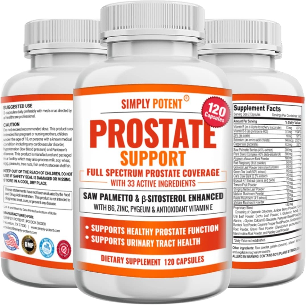 Erkekler için Prostate Supplements (120 Capsules), Saw Palmetto Prostate Health Support - 33 Vitamins & Herbs - Beta Sitosterol Plus B6, Selenium & Çinko Sağlıklı Ürinasyon Frekans & Akış & Proper