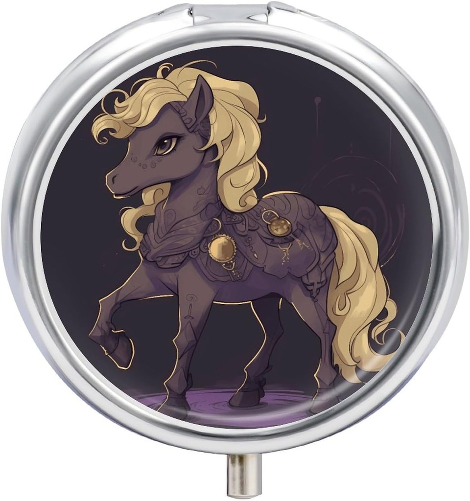 Round Pill Case 3 Compartment Clip Art of A Horse Pill Box Mini Medicine Pill Organizer Portable Travel Pillbox for Pocket Purse Metal Pill Container for Vitamins Fish Oil Supplements