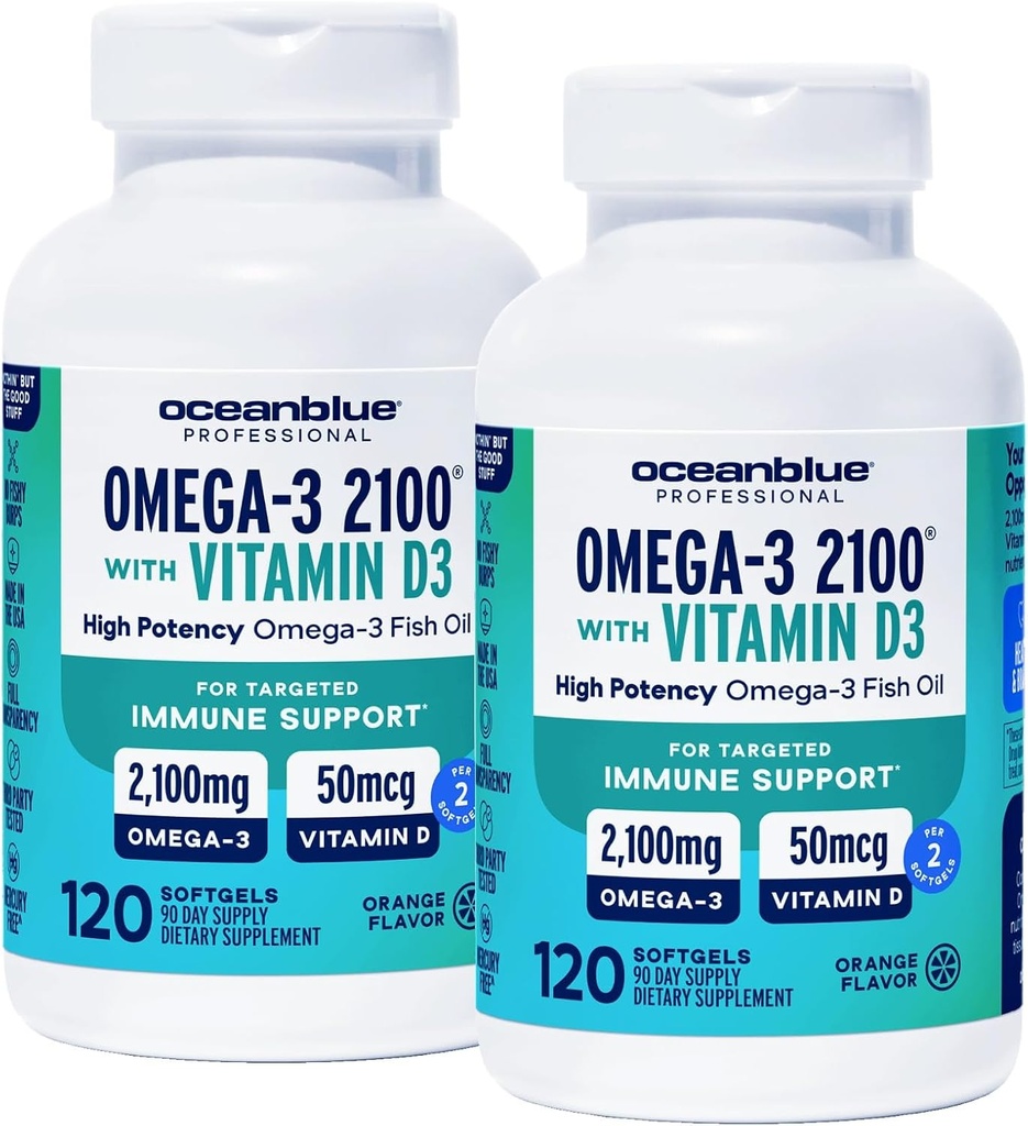 Oceanblue Professional Omega-3 2100 Vitamin D3 ile - 120 ct - 2pack - Triple Strength Burpless Fish Oil Supplement with High-Potency EPA, DHA, DPA ve Vitamin D3 – Wild-Caught – Orange Flavor